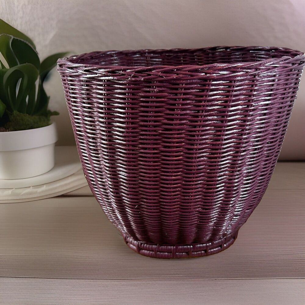 Vintage Eggplant Purple Wicker Waste Basket Trash Can Bathroom Decor Rattan Bin